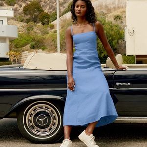 NWOT Reformation Starfruit linen Parisian maxi tie back blue dress, size 12